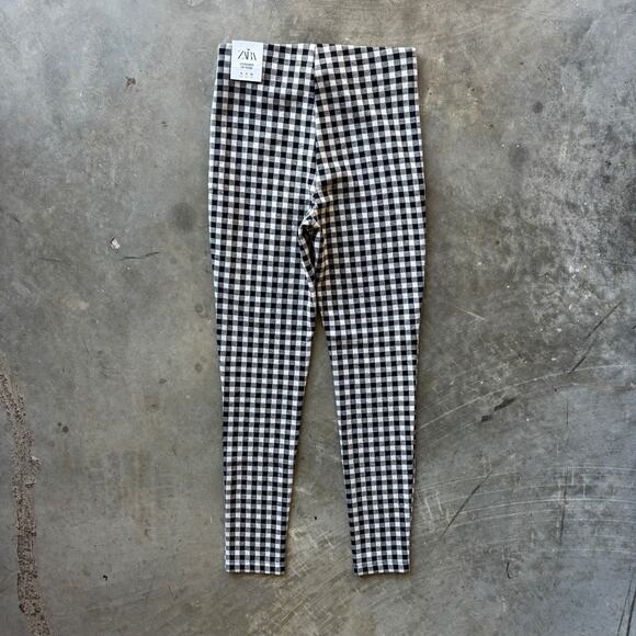 Zara Legging High-Rise Womens S White Black Gingham Plaid Checkered Skinny Pants - Picture 8 of 14